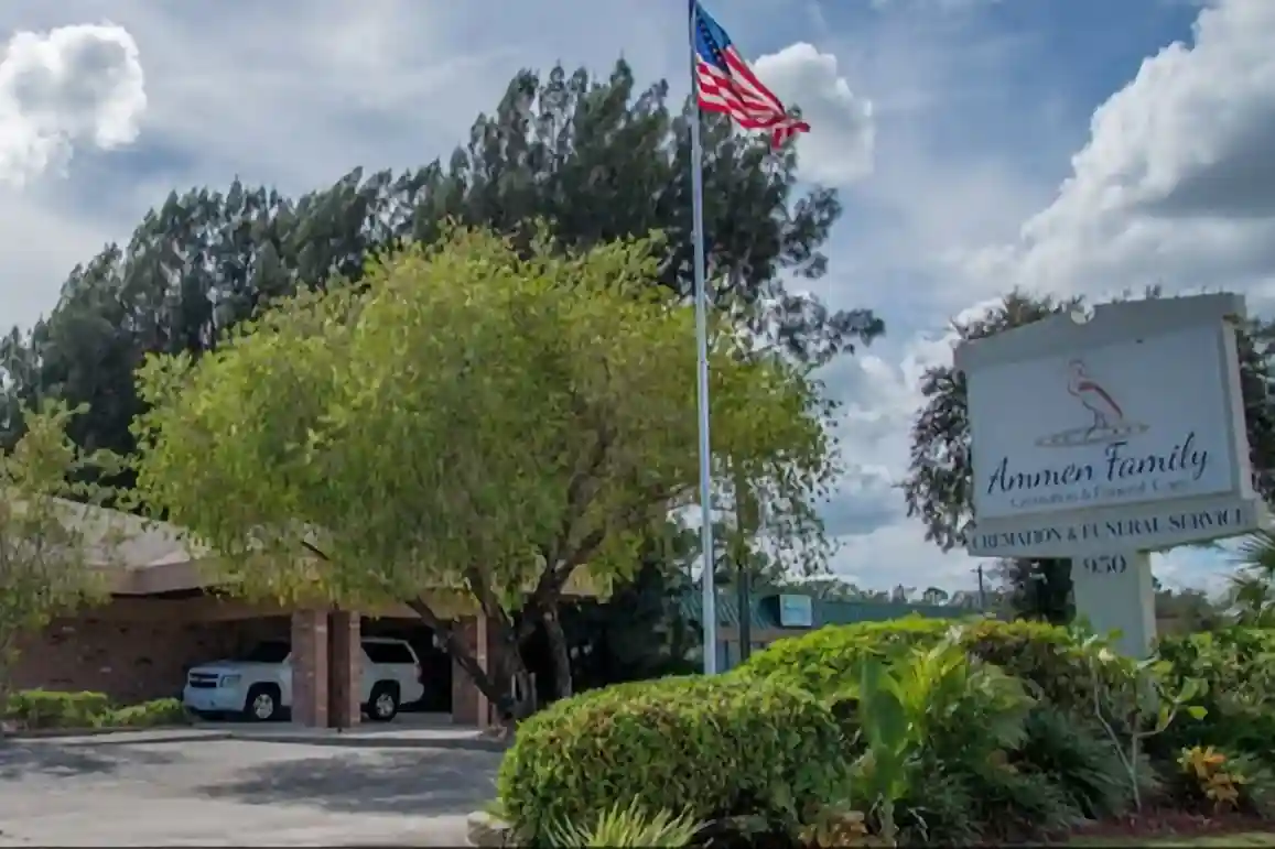 The welcoming exterior of Ammen Funeral Home Palm Bay FL, featuring a well-kept building and peaceful surroundings.