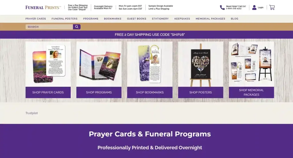 Funeral Prints coupon code page with discounts and promotions for memorial products.